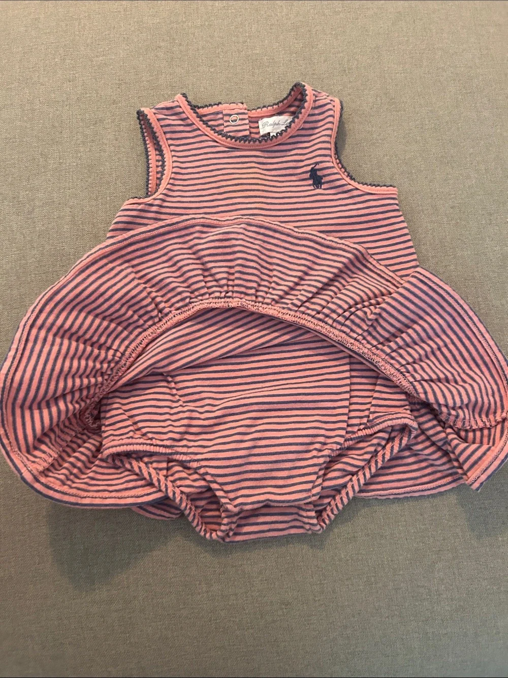 Ralph Lauren Coral Pink & Navy Striped Sleeveless Baby Dress